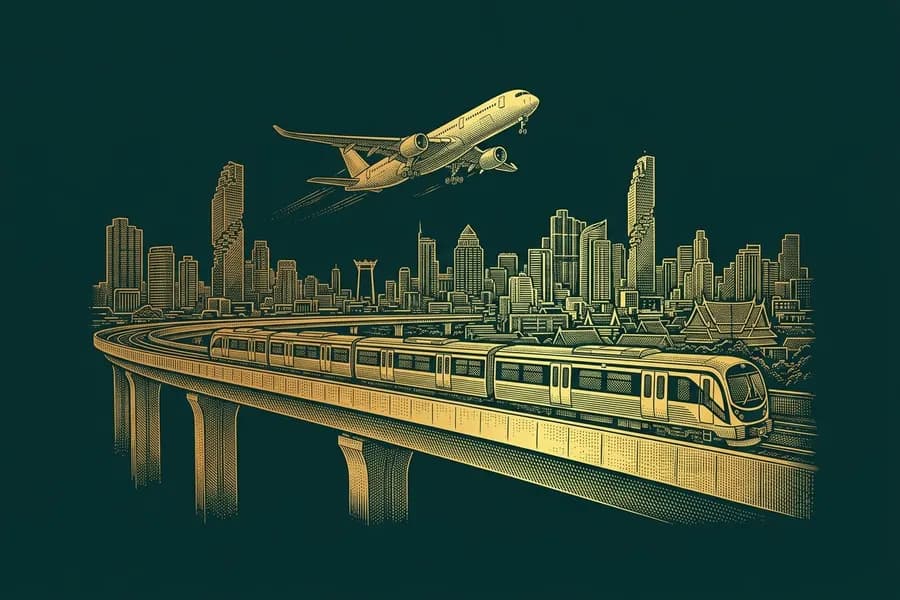 Airport rail link train on an elevated track with a jet climbing over Bangkok