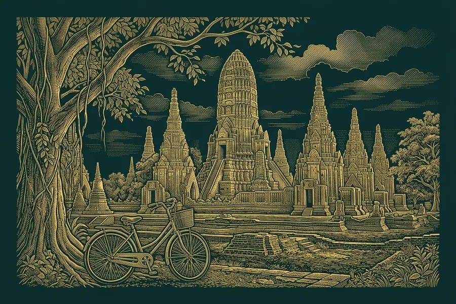 Brick temple towers at Ayutthaya with a bicycle leaning on a tree