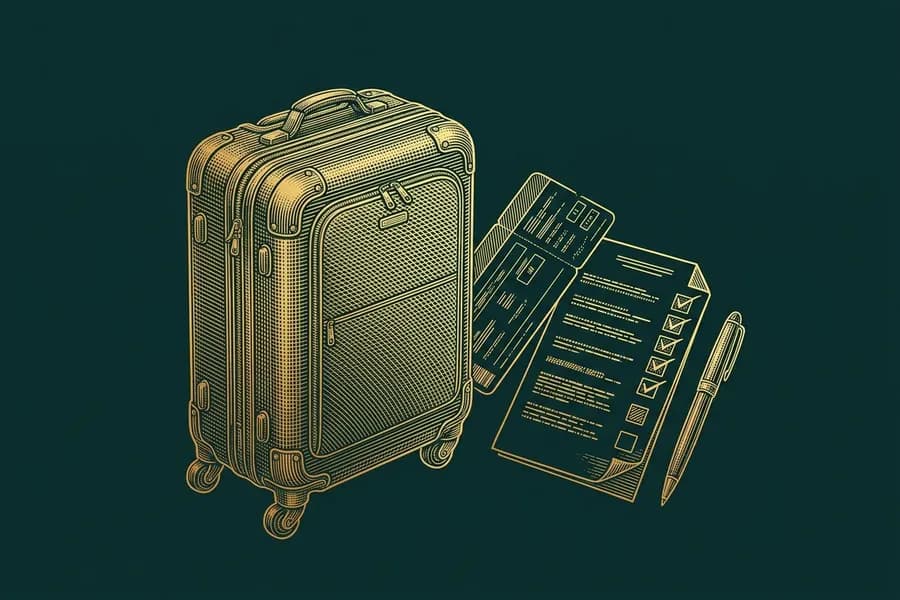 Carry-on suitcase, boarding pass and a ticked paper checklist