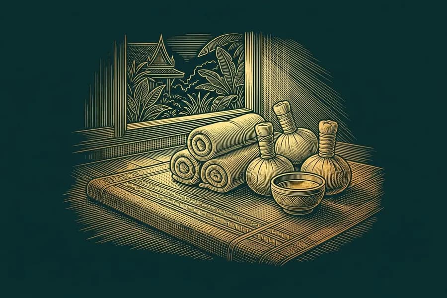 Massage mat with rolled towels, herbal compress balls and a bowl of oil