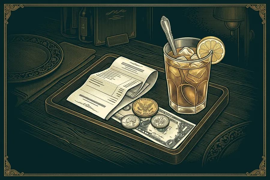 Bill tray with a receipt, coins and a glass of iced tea