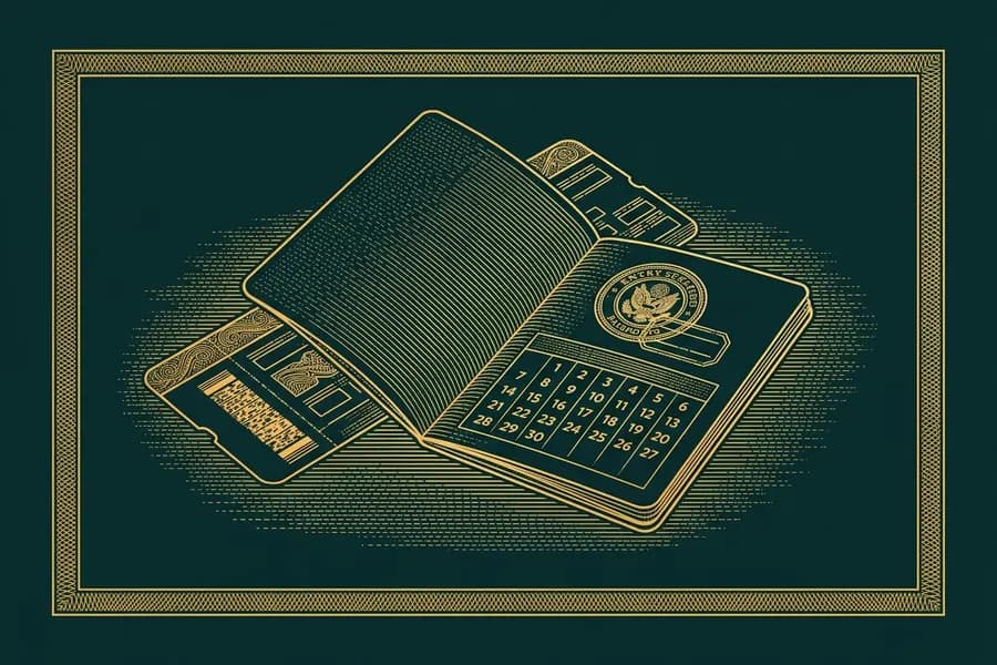 Open passport with an entry stamp beside a calendar page and a boarding pass